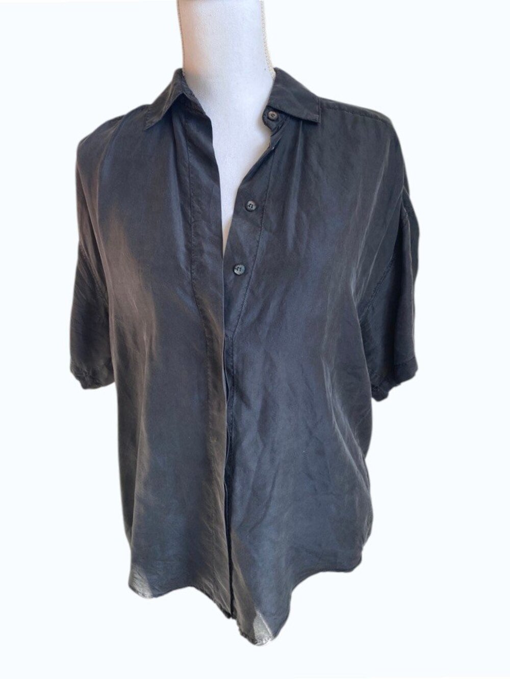 Vintage Express 100% Silk Button Up Blouse Gray Minimalist Short Sleeve XS